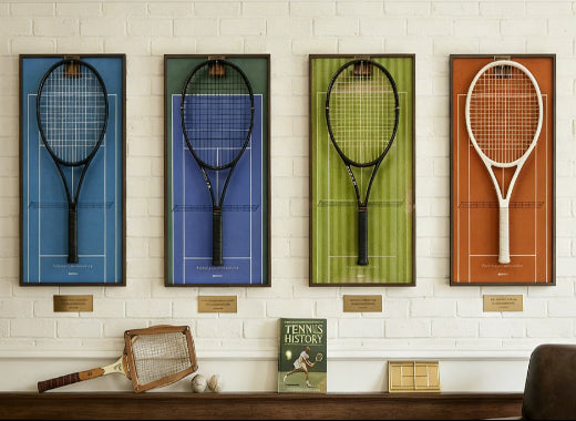 Four framed tennis rackets on a wall with a desk and books below.