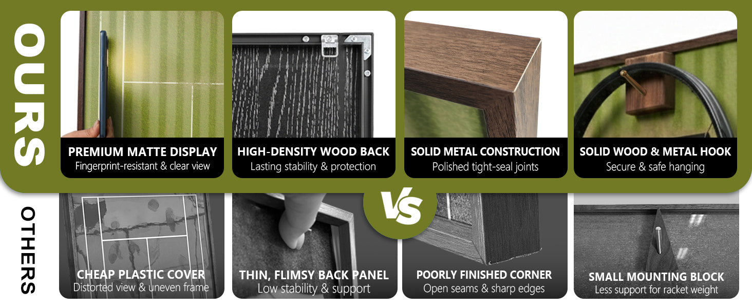Comparison chart of premium display case features versus cheaper alternatives on a green background.