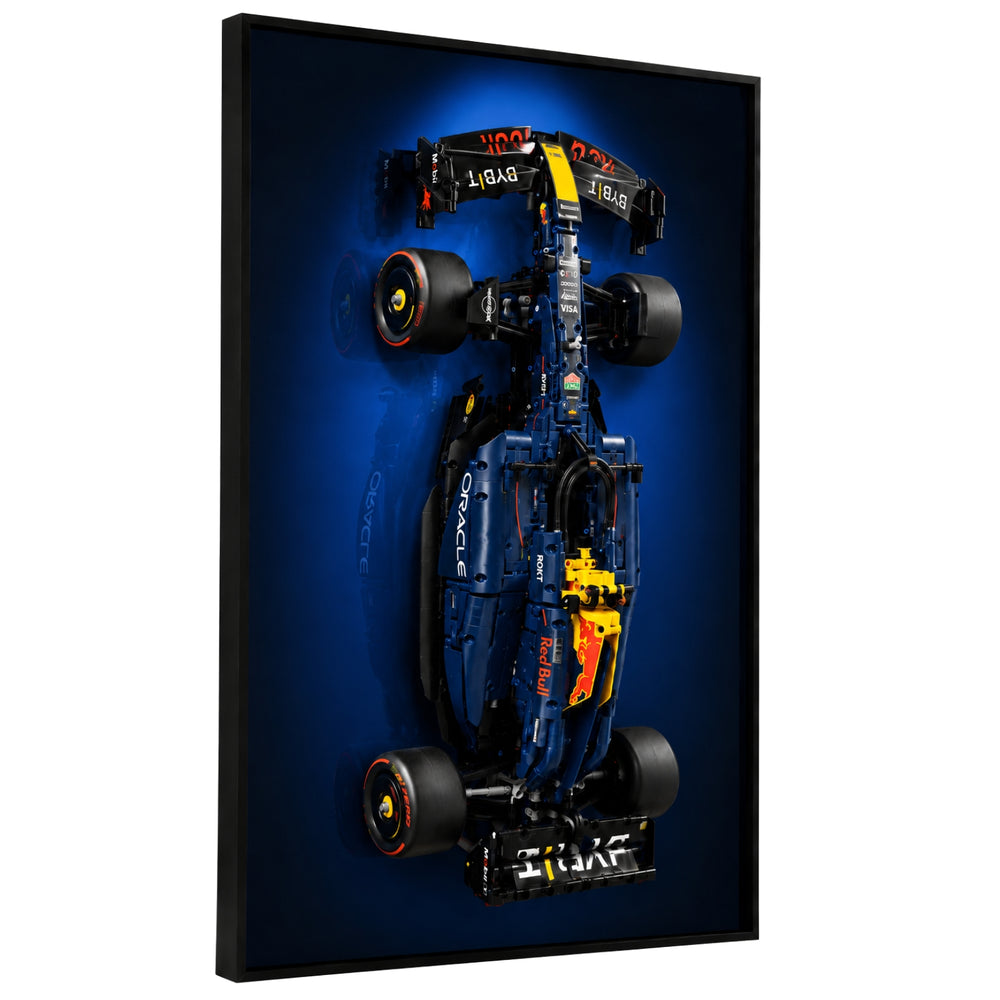 ONE MAAY Halo wall display frame for LEGO Technic 42206 Oracle Red Bull Racing F1 car — top-down view of navy blue Formula 1 race car model on black framed panel