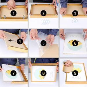 Step-by-step process of framing a picture with numbered steps on a white background