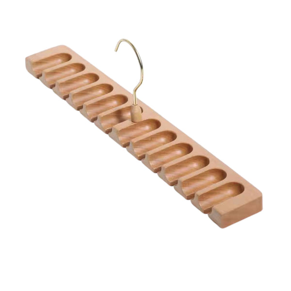 Wooden belt rack / belt hanger with a gold hook on a white background