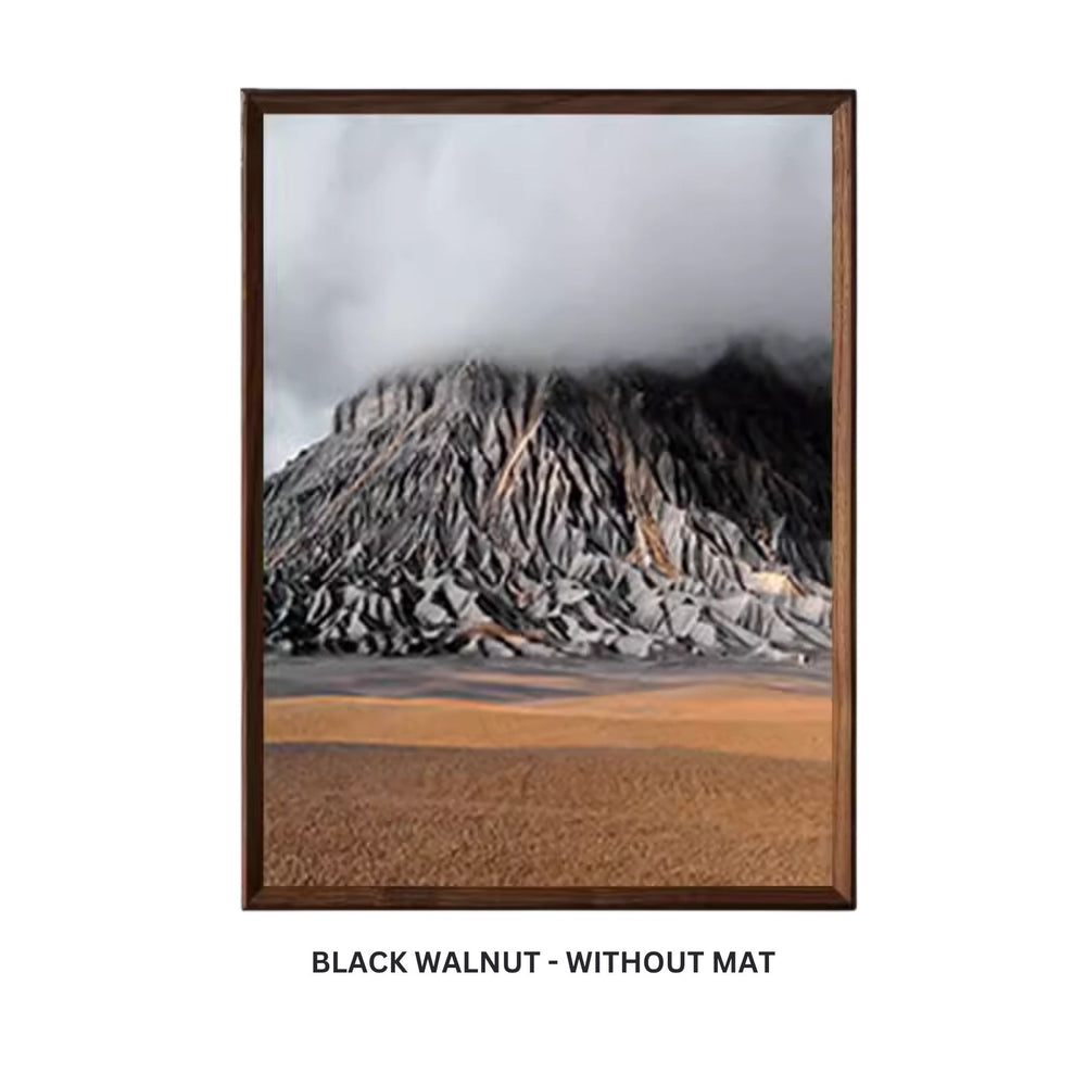 Framed artwork with a black walnut frame and white mat on a white background. Black walnut beveled frame without mat. 