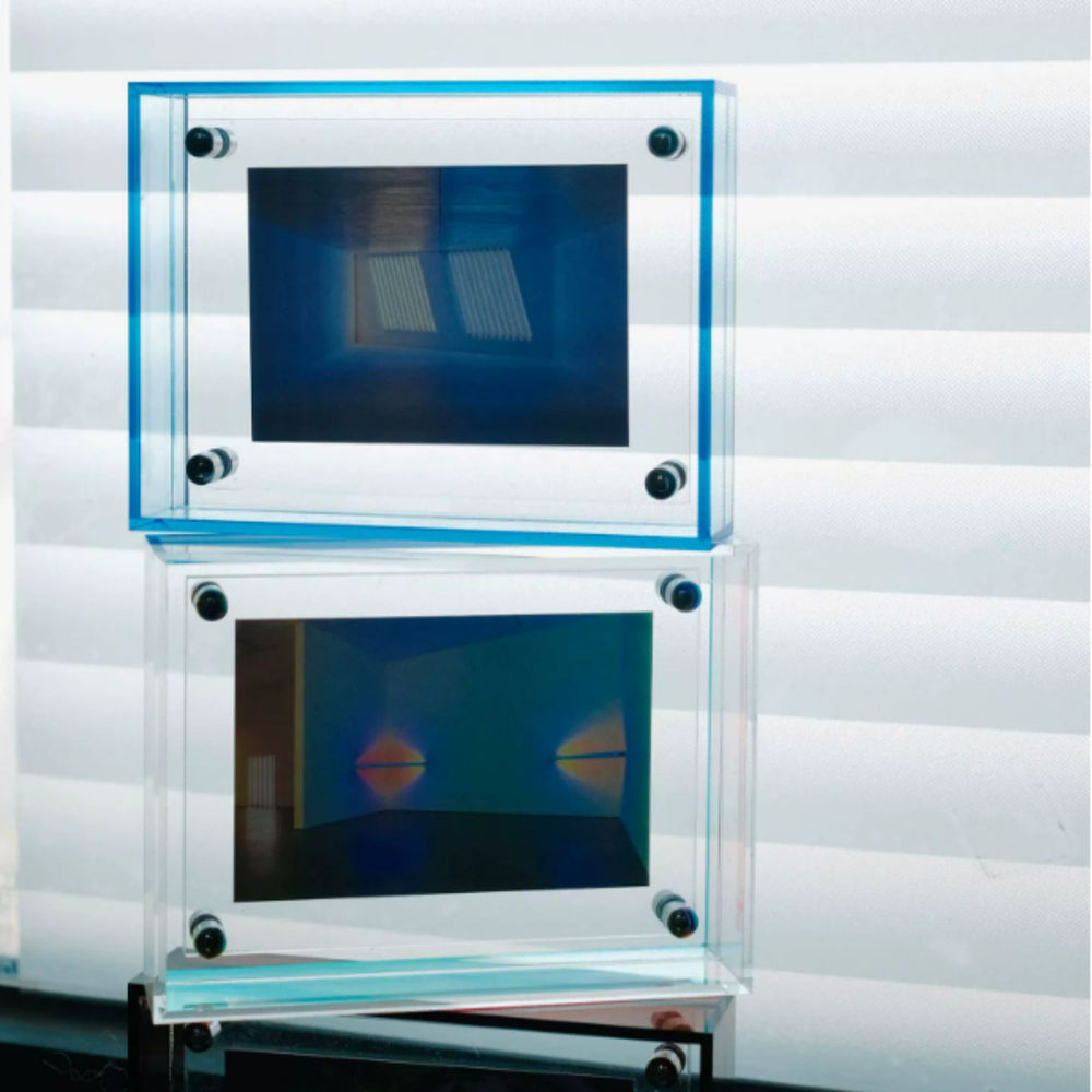 Acrylic light green mini picture frame with a scenic photograph on a light gray background. 