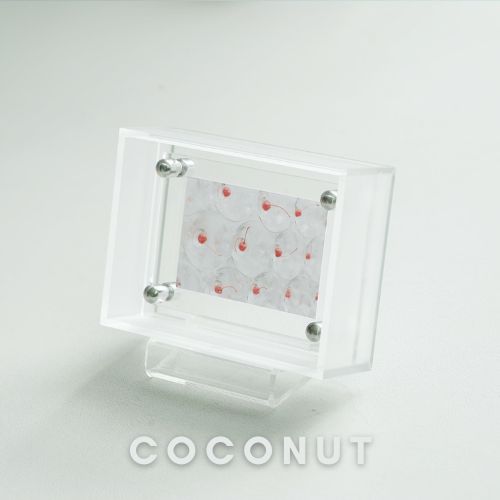 Clear acrylic photo frame with a patterned paper inside on a white background, branded 'COCONUT'.