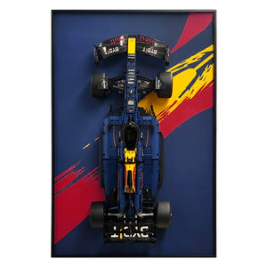 ONE MAAY Display frame, model of a Formula 1 LEGO 42206 car with a red, and yellow design on a dark blue wall display frame