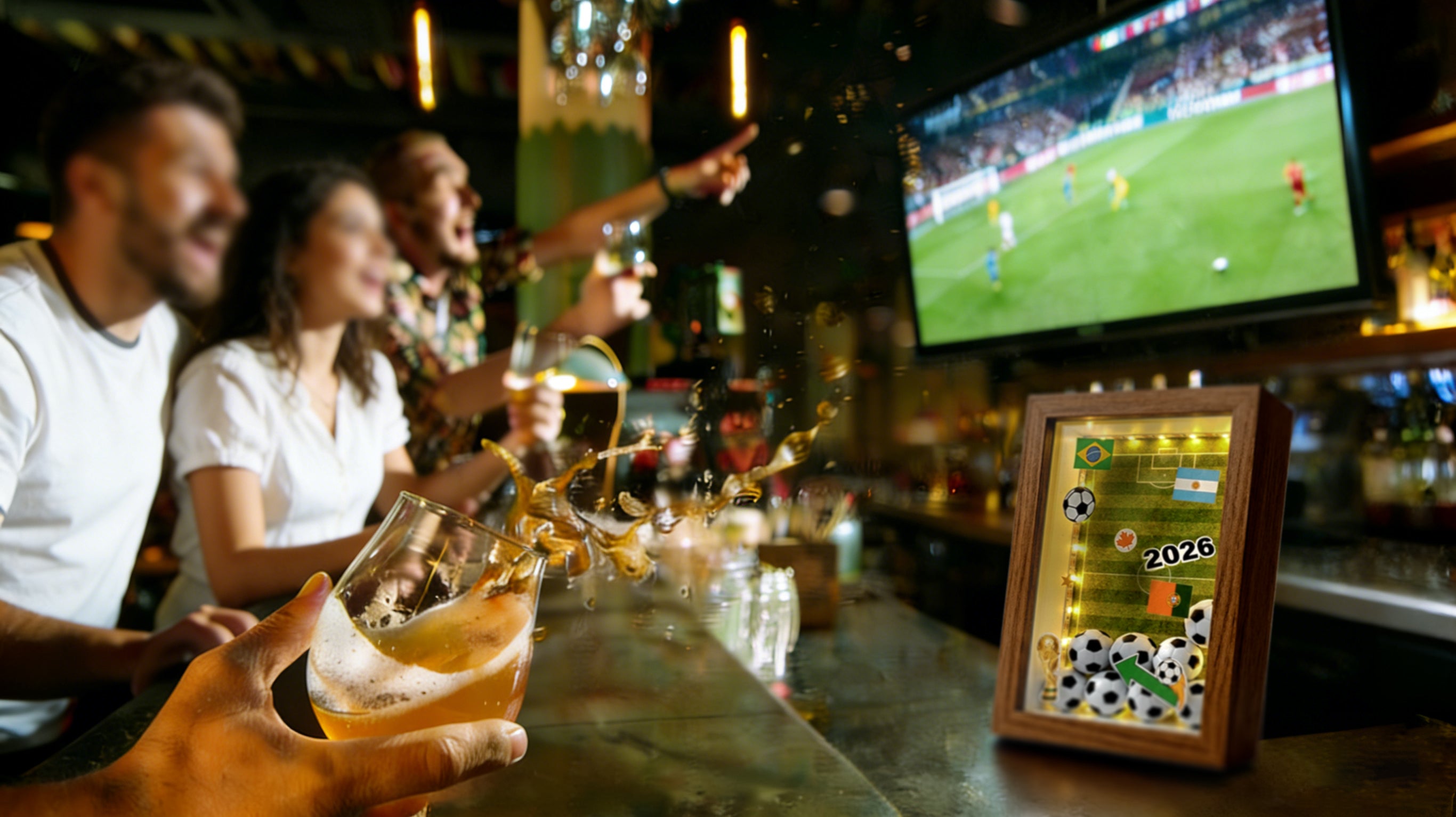 People at a bar watching FIFA World Cup sports on TV with a 2026 shadow box frame in the foreground.