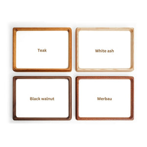 Four wooden frames in different finishes labeled 'Teak', 'White ash', 'Black walnut', and 'Merbau' on a white background.