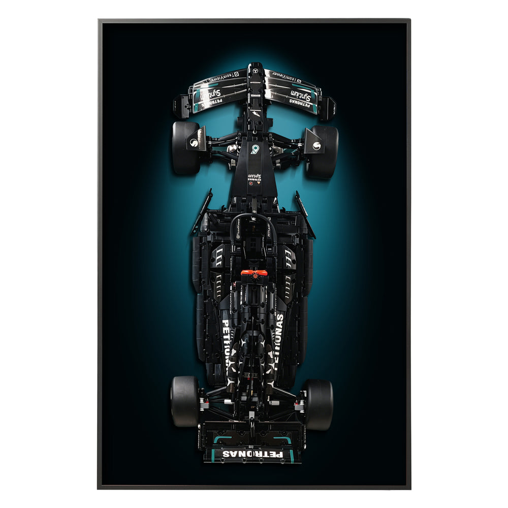 ONE MAAY Display frame, model of a Formula 1 LEGO 42171 car with a green halo design on a black wall display frame