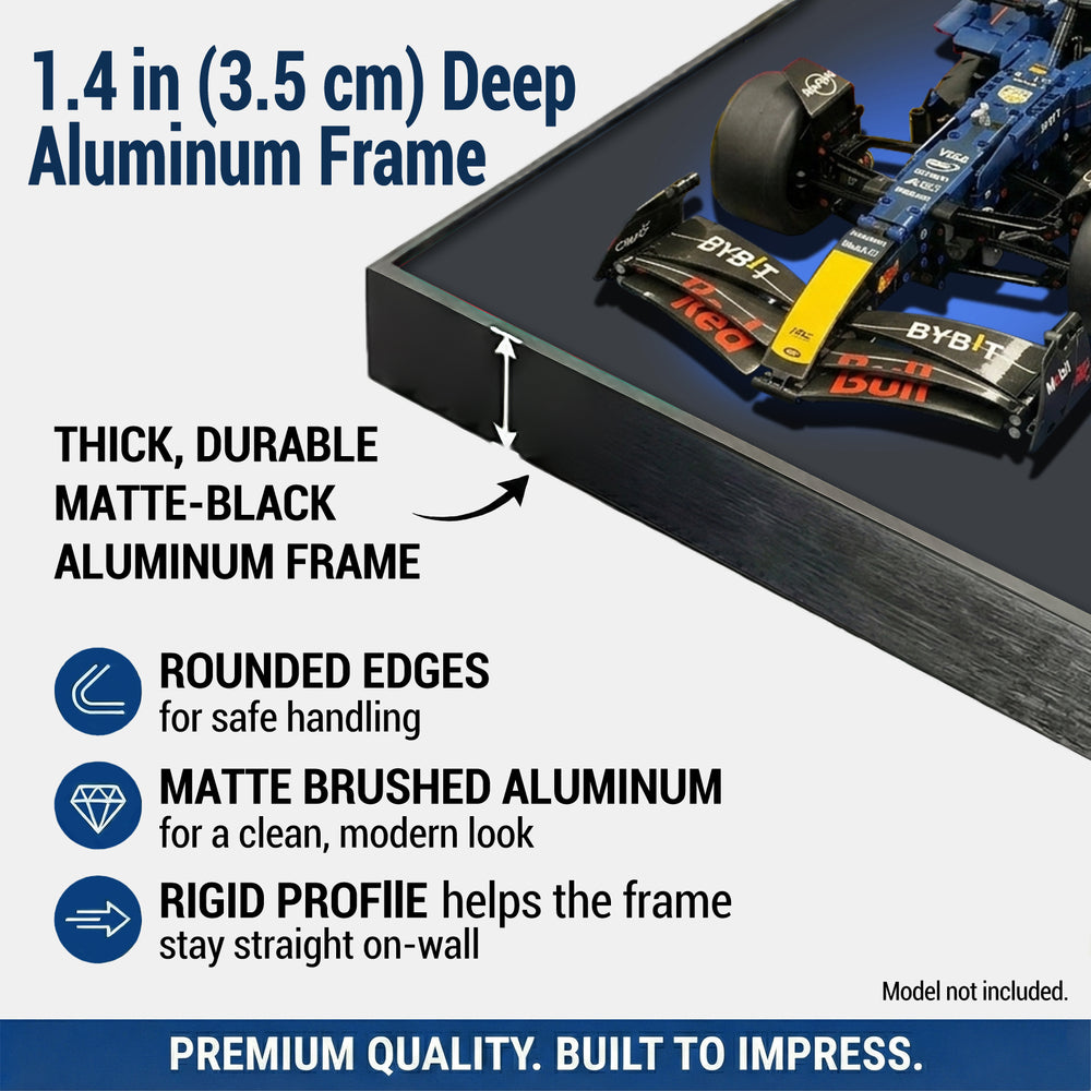 ONE MAAY Halo LEGO F1 42206 aluminum frame with racing car model, detailing features and specifications.
