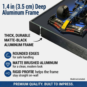 ONE MAAY Halo LEGO F1 42206 aluminum frame with racing car model, detailing features and specifications.