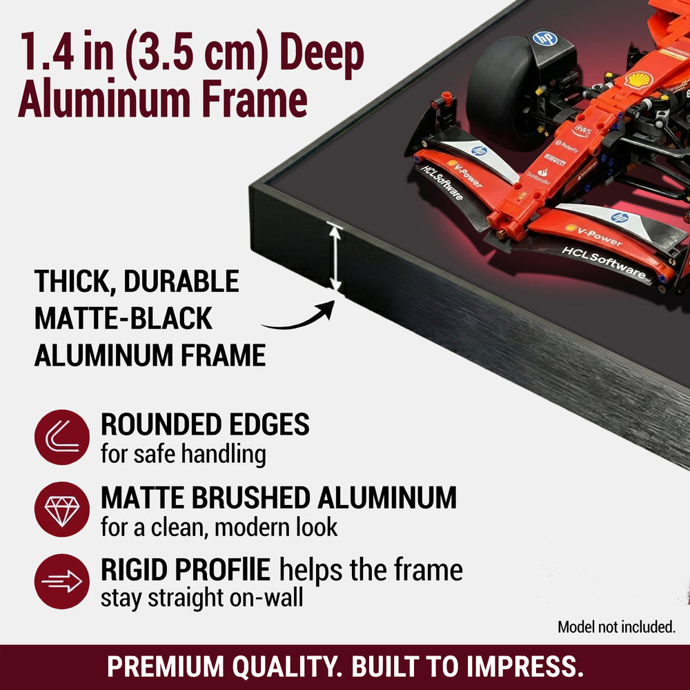 ONE MAAY Halo LEGO F1 42207 aluminum frame with racing car model, detailing features and specifications.