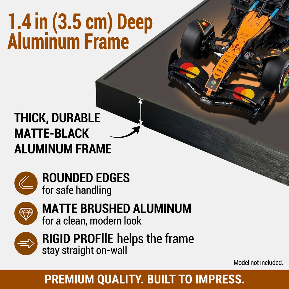 ONE MAAY Halo LEGO F1 42228 aluminum frame with racing car model, detailing features and specifications.