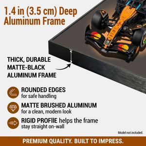 ONE MAAY Halo LEGO F1 42228 aluminum frame with racing car model, detailing features and specifications.