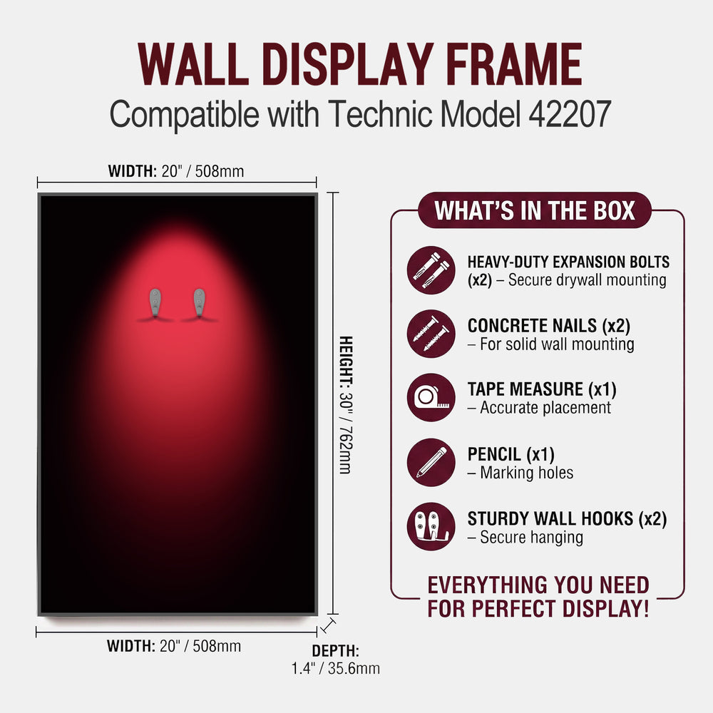 ONE MAAY Halo Wall display frame compatible with Technic model 42207, showing dimensions and included items.