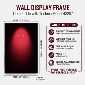ONE MAAY Halo Wall display frame compatible with Technic model 42207, showing dimensions and included items.