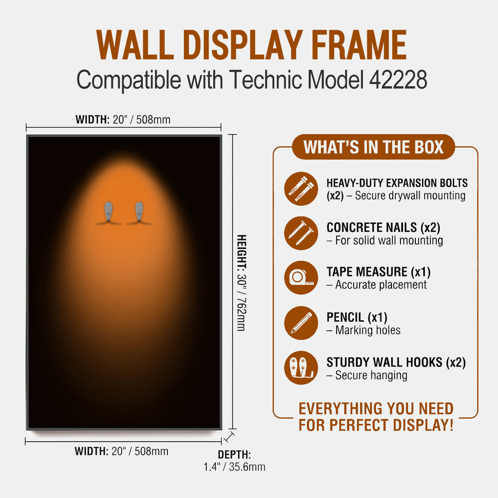ONE MAAY Halo Wall display frame compatible with Technic model 42228 showing dimensions and included items.