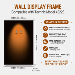 ONE MAAY Halo Wall display frame compatible with Technic model 42228 showing dimensions and included items.