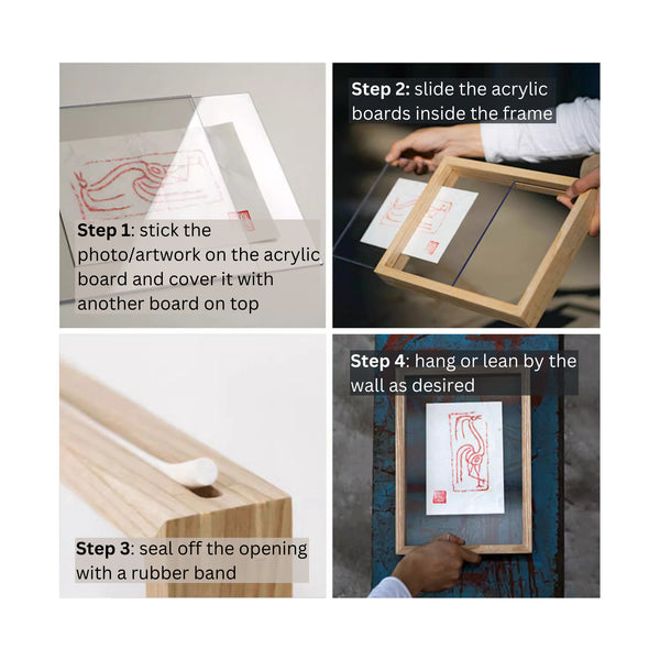 Step-by-step guide on how to frame a photo or artwork using acrylic boards and a rubber band.
