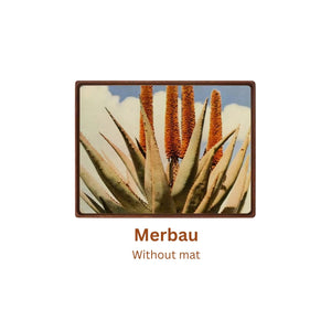 Merbau wood picture frame with plant design labeled 'Merbau Without mat' on a white background