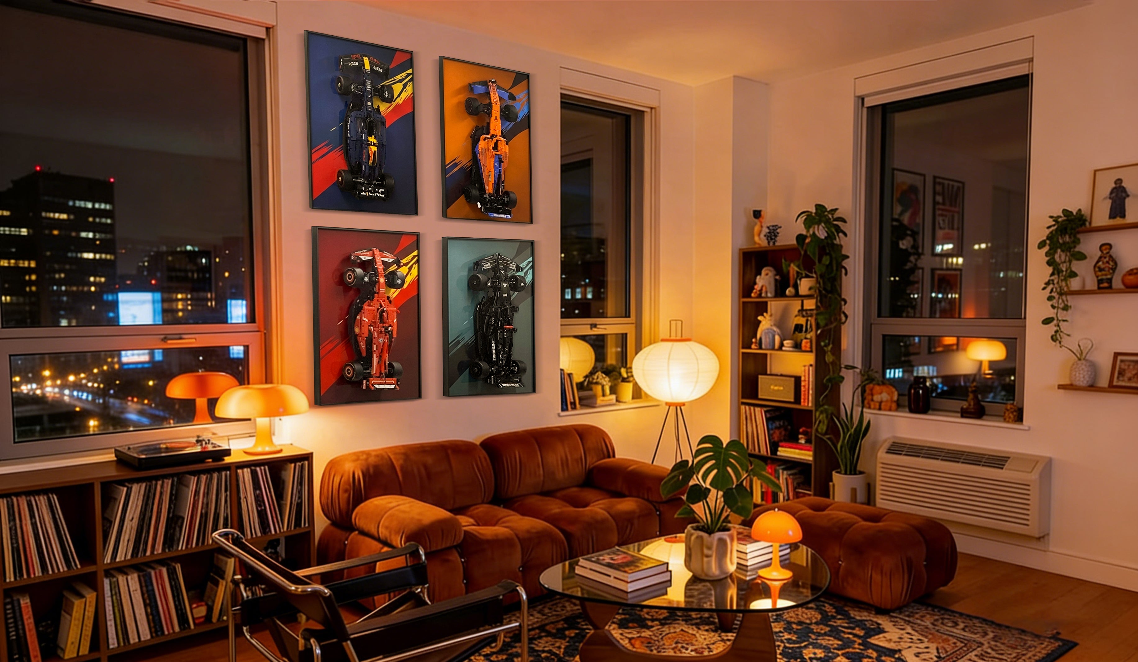 Cozy modern apartment living room with four ONE MAAY 20x30 inch wall display frames showcasing LEGO Technic F1 race car models 42206, 42207, 42141, and 42171 as collector wall art above the sofa.