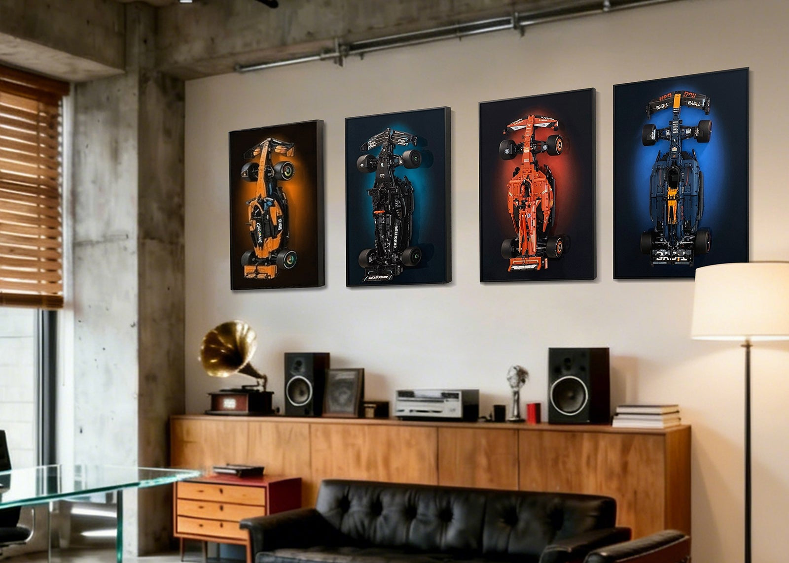 Modern living room with black leather sofa, colorful coffee table, and F1 LEGO compatible wall display frames made by ONE MAAY.