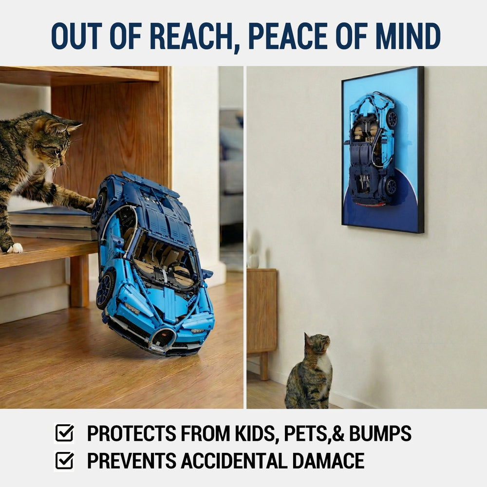 Blue toy car LEGO 42083 on a wooden floor with a cat looking at it, and another car displayed on a ONE MAAY wall frame. Text 'Out of Reach, Peace of Mind' and product features.