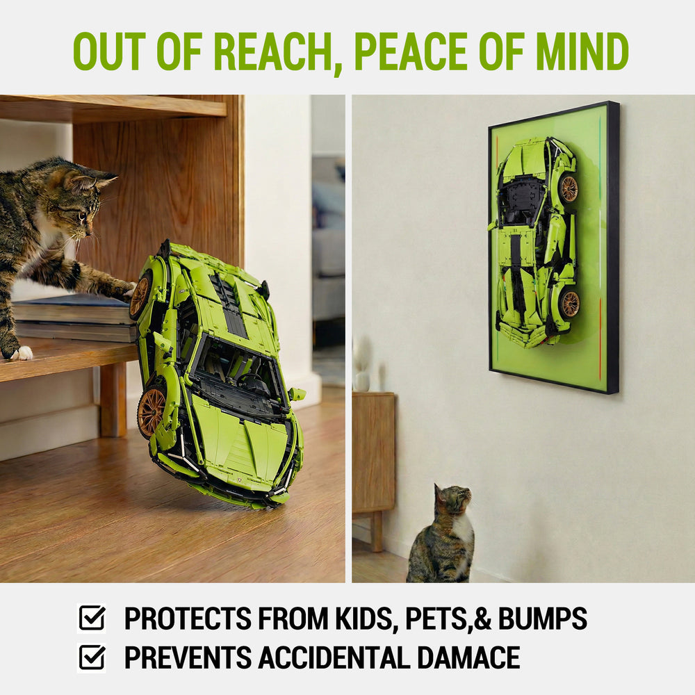 Green toy car LEGO 42115 on a wooden floor with a cat looking at it, and another car displayed on a ONE MAAY wall frame. Text 'Out of Reach, Peace of Mind' and product features.