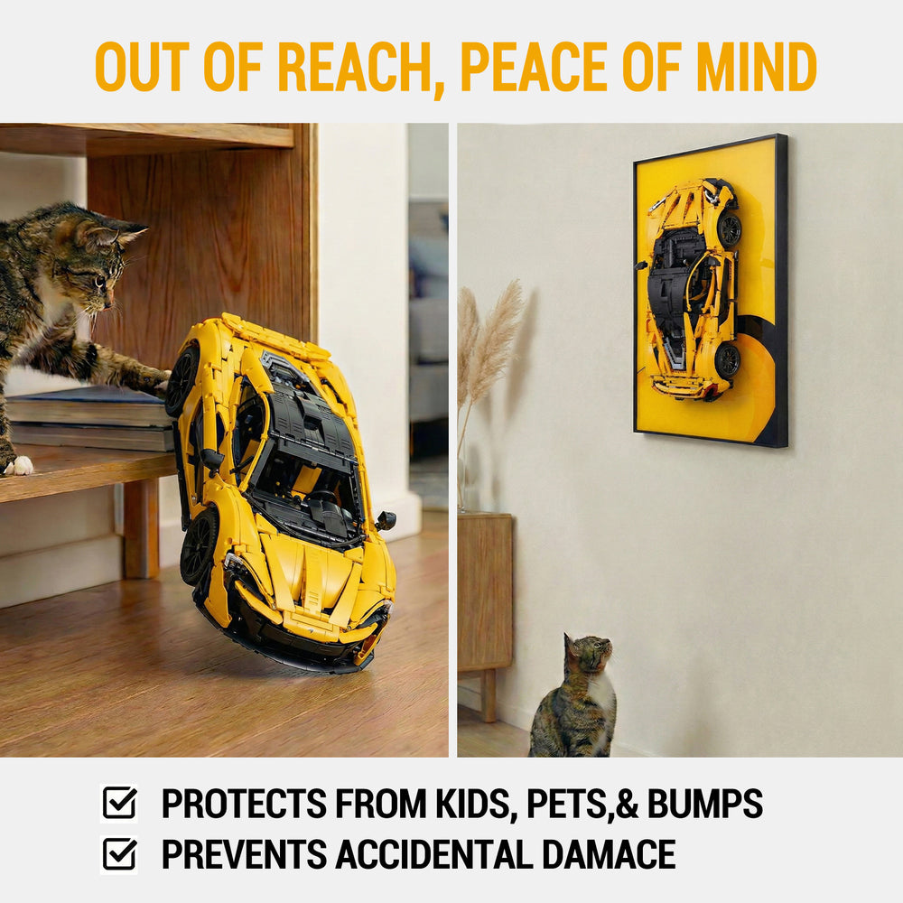 Yellow toy car LEGO 42172 on a wooden floor with a cat looking at it, and another car displayed on a ONE MAAY wall frame. Text 'Out of Reach, Peace of Mind' and product features.