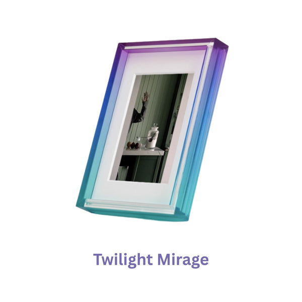 Purple and green ombre acrylic picture frame with a colorful frame labeled 'Twilight Mirage' on a white background