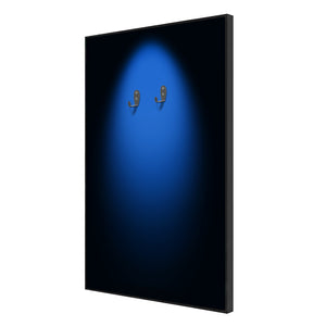 ONE MAAY Display frame, model of a Formula 1 LEGO 42206 car with a blue halo design on a black wall display frame shown on a side view angle