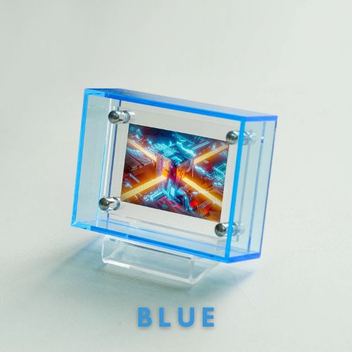 Clear acrylic frame with a colorful digital display on a light gray background, labeled 'BLUE'.