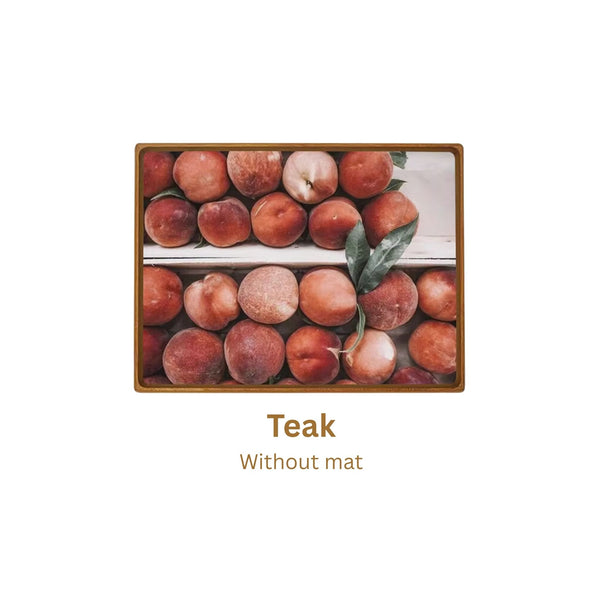 Teak wooden tray with peaches and a leaf design, labeled 'Teak Without mat' on a white background.