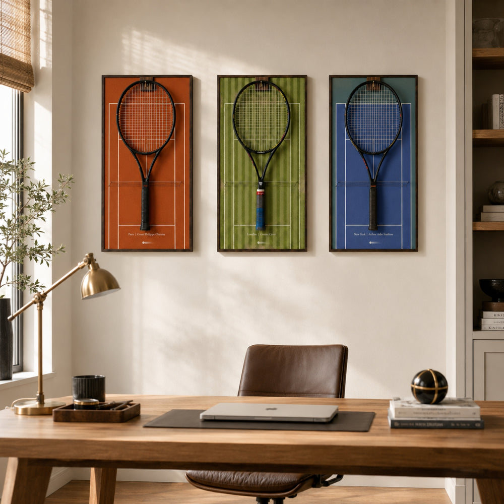 Front view of the ONE MAAY US Open-inspired tennis racket wall display, featuring a dark wood color aluminum frame and a vibrant blue hard court background holding a black tennis racket
