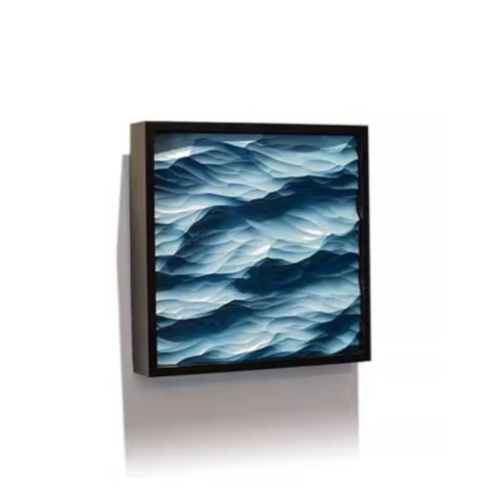 Thin-framed artwork of a wavy blue pattern on a white background