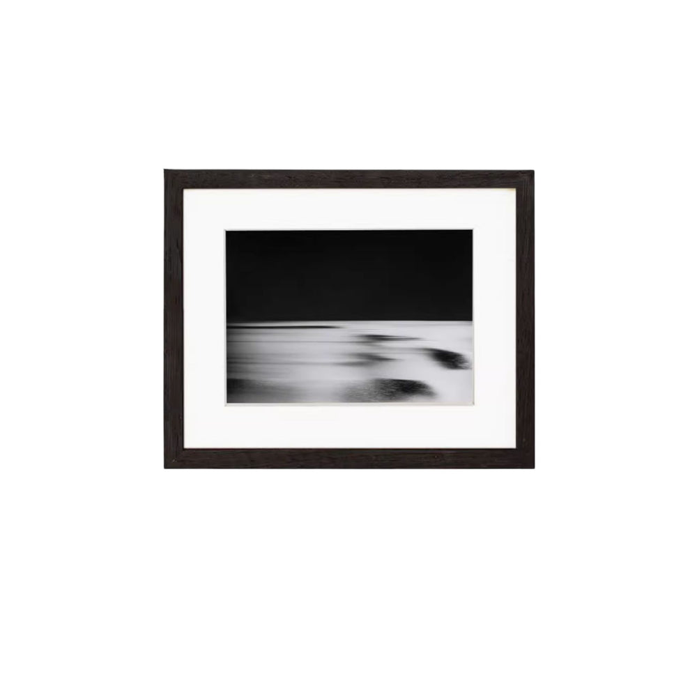 Wenge framed black and white abstract artwork on a white background