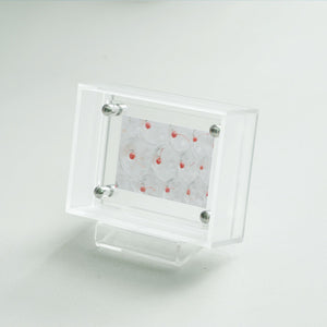 Clear acrylic display frame with a small card on a white background