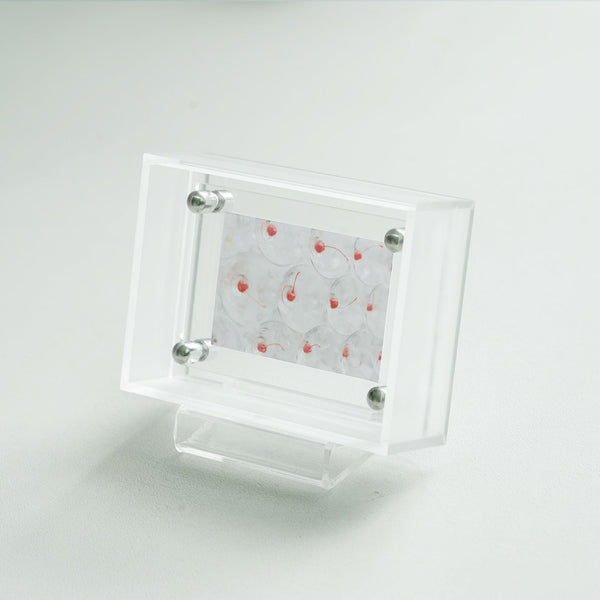 Clear acrylic display frame with a small card on a white background