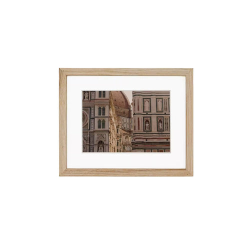 White ash wood framed artwork of a building with a wooden frame on a white background