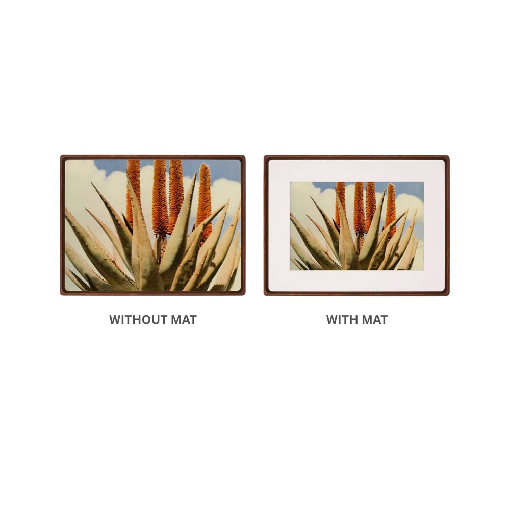 Two merbau wood framed pictures side by side, one without a mat and one with a mat, on a white background.