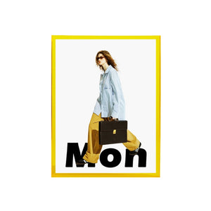 Yellow lemon_acrylic_picture_frame showing a person holding a briefcase with 'Mon' text