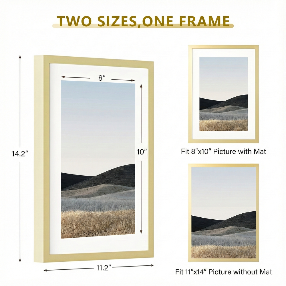 ONE MAAY 11x14 inch brushed aluminum picture frame gold finish large format product view on white background for oversized wall art display