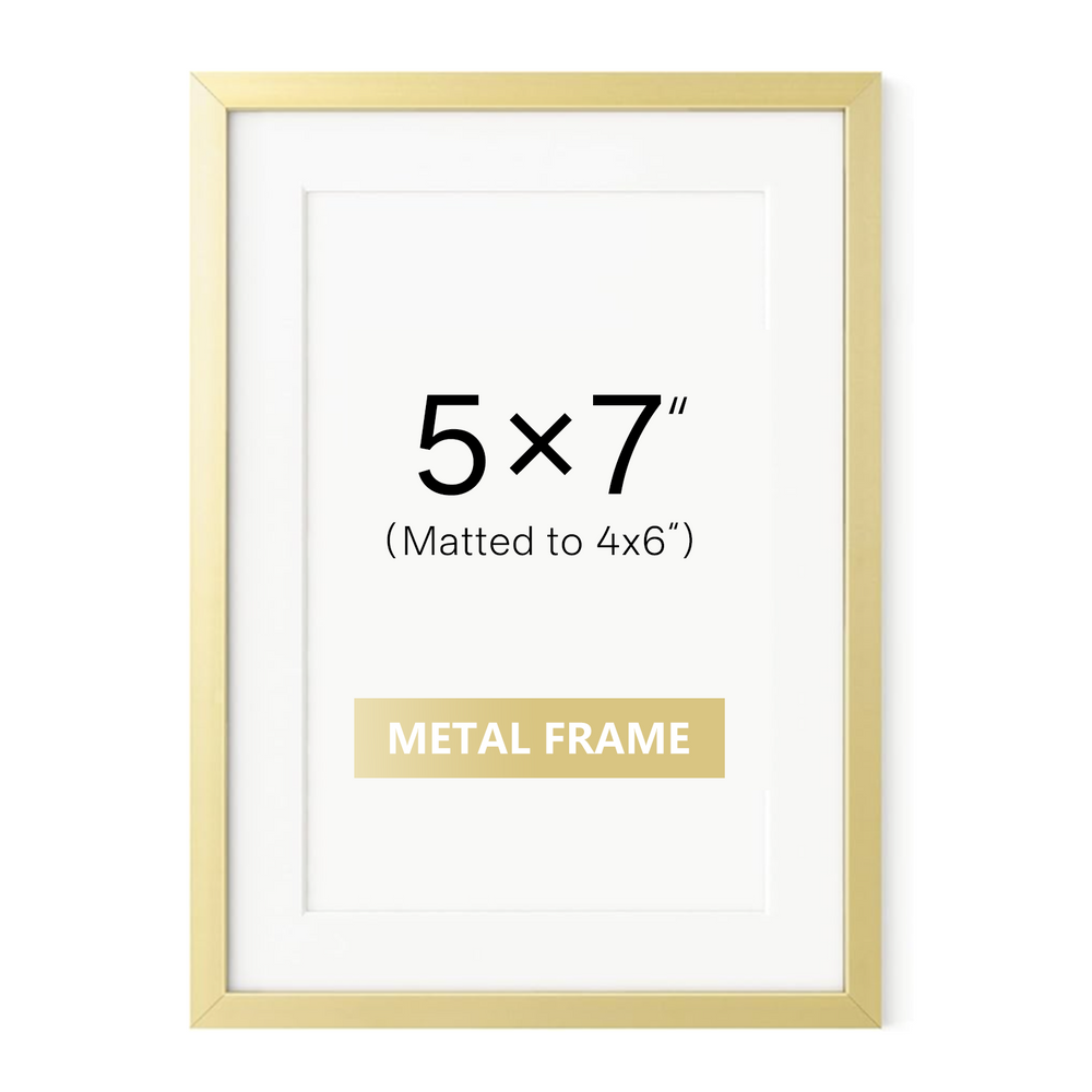 ONE MAAY 5x7 inch brushed aluminum picture frame gold finish product front view on white background for elegant wall art and photo display