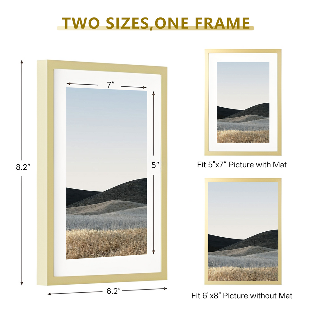 ONE MAAY 6x8 inch brushed aluminum picture frame gold finish alternate angle showing slim modern profile for gallery wall display