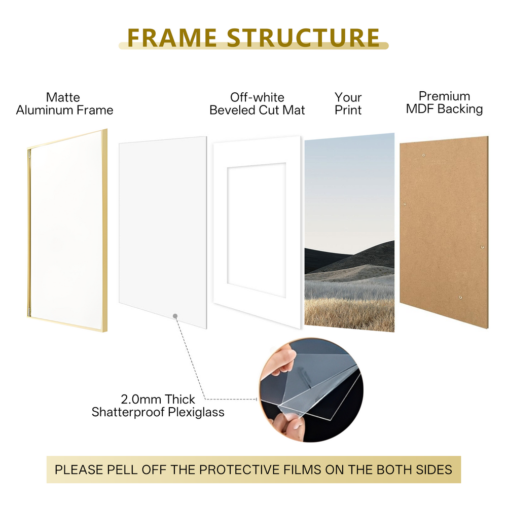 ONE MAAY brushed aluminum picture frame gold finish product overview showing available sizes for versatile wall art and photo display solutions