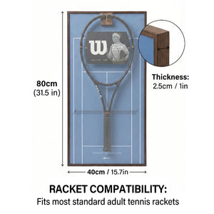Size dimensions for the ONE MAAY Australian Open racket wall art, showing an 80 by 40 centimeter frame with a 2.5 centimeter thickness, compatible with standard adult rackets