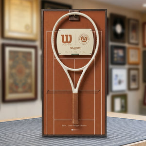 ONE MAAY Australian Open hard court tennis racket wall display second lifestyle view showing racket mounted on dark blue court art print in modern home decor setting