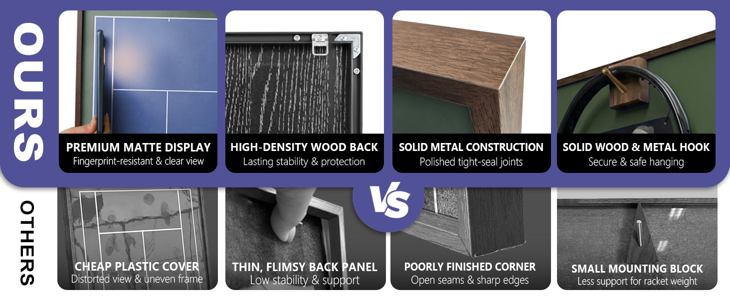 ONE MAAY vs others wide comparison infographic for Australian Open hard court tennis racket wall display frame showing premium matte display, high-density wood back, solid metal construction, and solid wood hook versus cheap alternatives