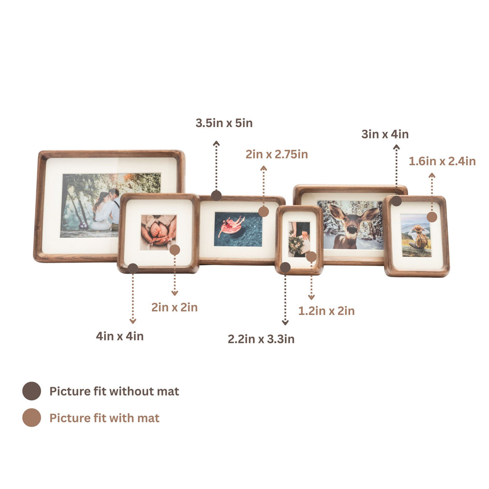 Set of black walnut wood picture frames with dimensions and photo sizes displayed on a white background