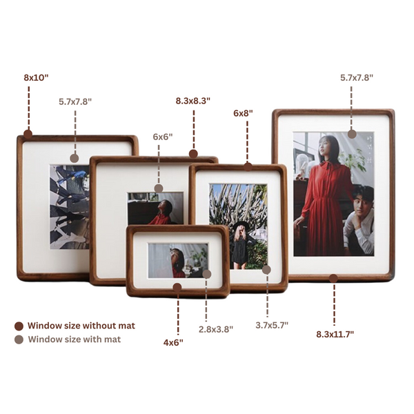 Set of wooden picture frames with dimensions labeled on a white background