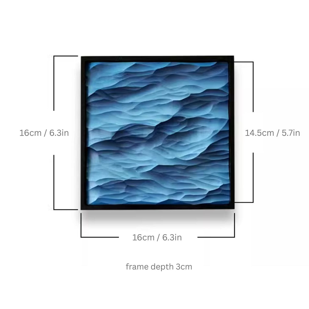 Framed artwork with blue wave design and dimensions on a white background